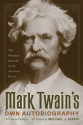 The cover of Twain's book is a sepia photo of himself.