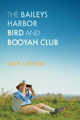 Image is of a man looking through binoculars with a bird sitting on his head
