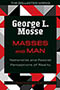 Masses and Man: Illustration of a geometric mosaic consisting of various red, black, white, and gray pieces. In the center, a large black rectangle contains the title and author text. Design by Jennifer Conn.